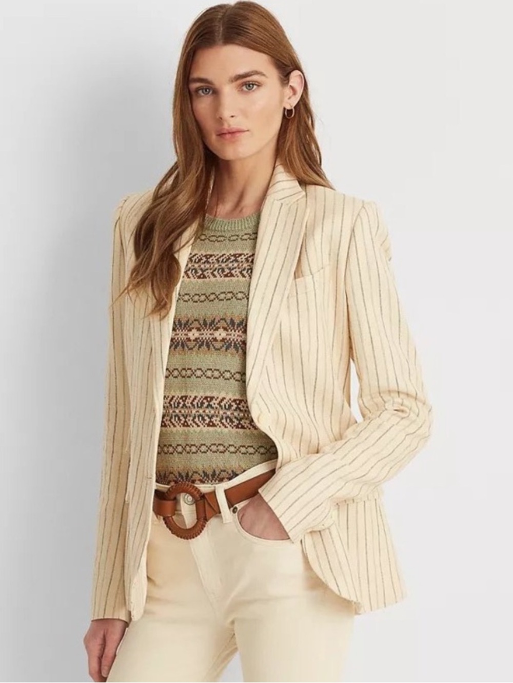 Lauren Ralph Lauren Pinstripe Linen and Viscose Blend Blazer